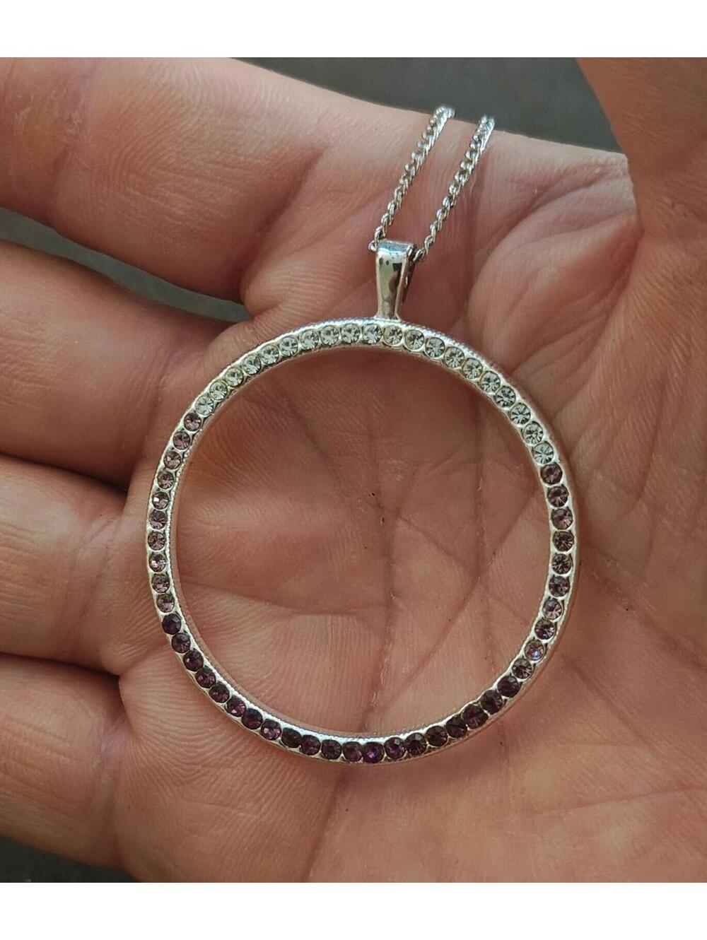 80s "Circle of Life" Design With Purple, Pink & Clear Crystals Pendant Necklace - Picture 1 of 9